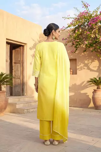 Yellow pure cotton schiffli ombre embroidered straight kurta set