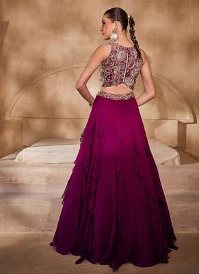 Wine Embellished Raw Silk Indo Western Lehenga Set 2