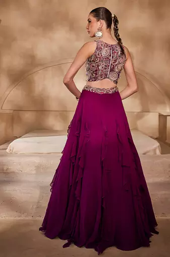 Wine Embellished Raw Silk Indo Western Lehenga Set