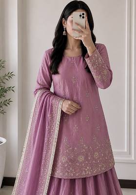 mauve silk blend embroidered sequin kurta and skirt set 2