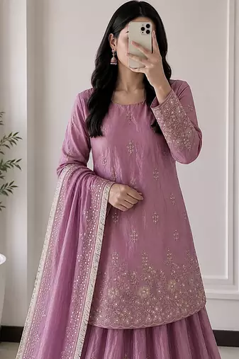 mauve silk blend embroidered sequin kurta and skirt set