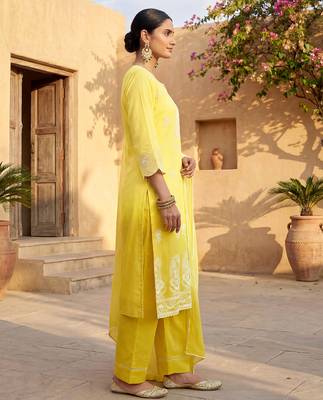 Yellow pure cotton schiffli ombre embroidered straight kurta set 3