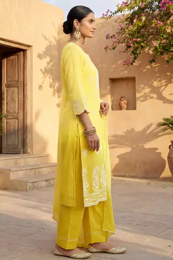 Yellow pure cotton schiffli ombre embroidered straight kurta set