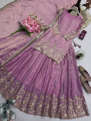 mauve silk blend embroidered sequin kurta and skirt set 3