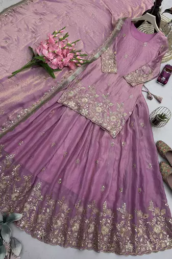 mauve silk blend embroidered sequin kurta and skirt set