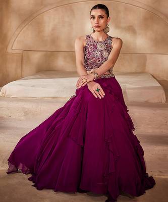 Wine Embellished Raw Silk Indo Western Lehenga Set 4