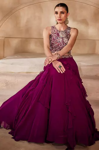 Wine Embellished Raw Silk Indo Western Lehenga Set