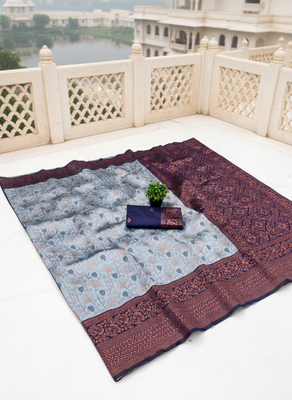 Grey nvay blue silk blend banarasi saree with unstitched blouse piece 4