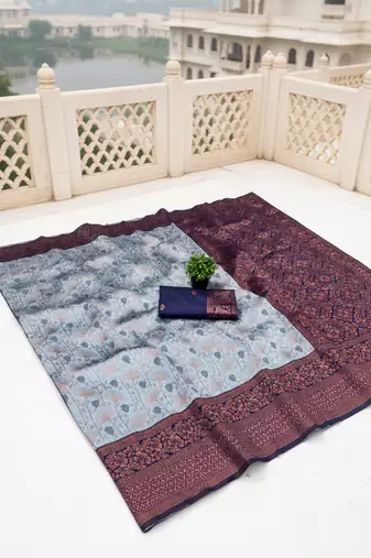 Grey nvay blue silk blend banarasi saree with unstitched blouse piece