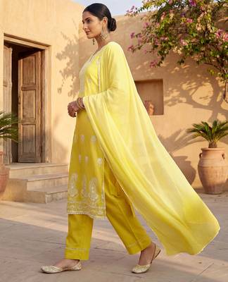 Yellow pure cotton schiffli ombre embroidered straight kurta set 4
