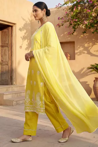 Yellow pure cotton schiffli ombre embroidered straight kurta set