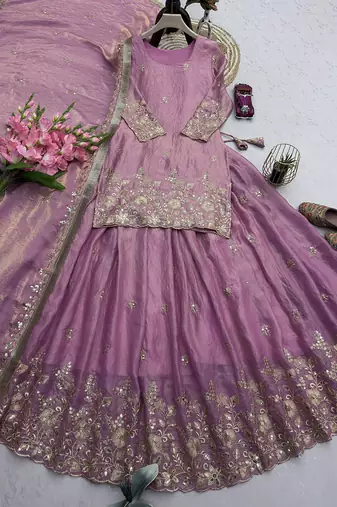 mauve silk blend embroidered sequin kurta and skirt set