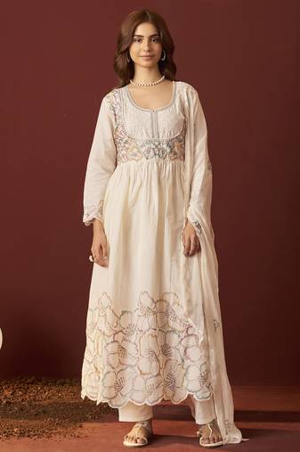 Off white pure cotton embroidered anarkali kurta set with dupatta for women