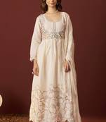 Off white pure cotton embroidered anarkali kurta set with dupatta for women