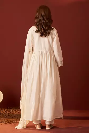 Off white pure cotton embroidered anarkali kurta set with dupatta for women