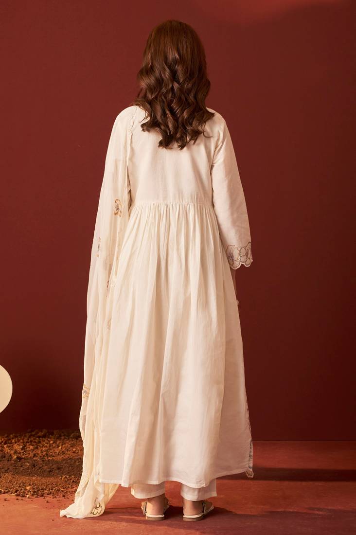 Off white pure cotton embroidered anarkali kurta set with dupatta for women
