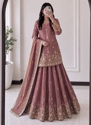 peach silk blend embroidered sequin kurta and skirt set 1