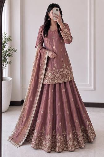 peach silk blend embroidered sequin kurta and skirt set