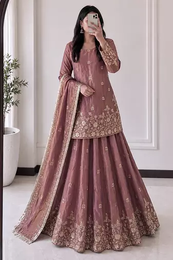 peach silk blend embroidered sequin kurta and skirt set