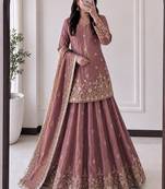 peach silk blend embroidered sequin kurta and skirt set