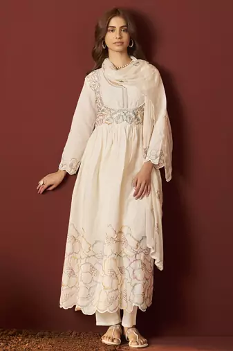 Off white pure cotton embroidered anarkali kurta set with dupatta for women