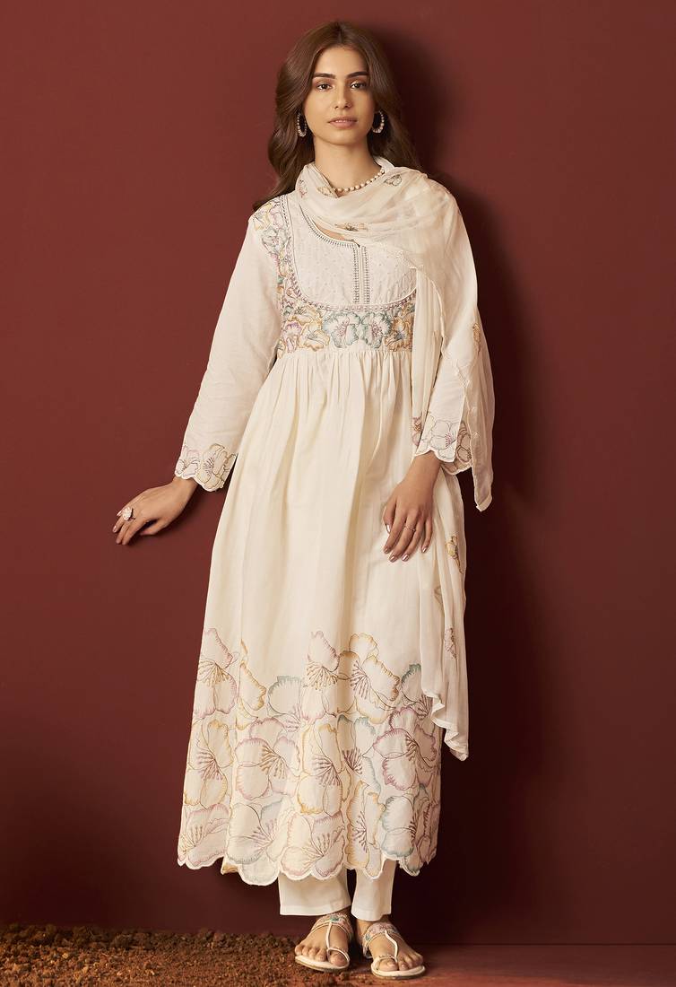 Off white pure cotton embroidered anarkali kurta set with dupatta for women