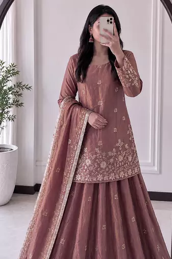 peach silk blend embroidered sequin kurta and skirt set