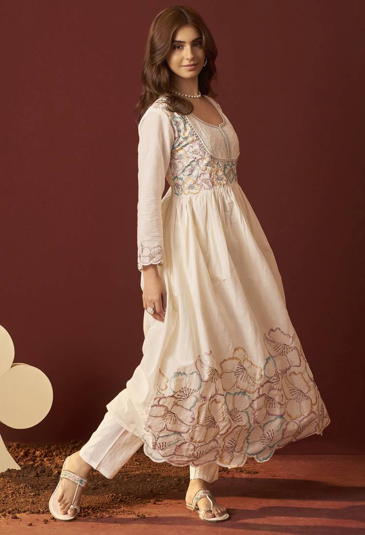 Off white pure cotton embroidered anarkali kurta set with dupatta for women