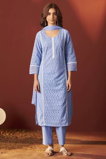 Sky blue pure cotton schiffly kurta set with dupatta for women