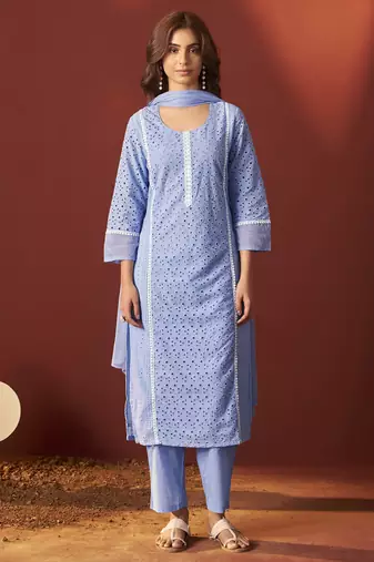 Sky blue pure cotton schiffly kurta set with dupatta for women