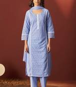 Sky blue pure cotton schiffly kurta set with dupatta for women
