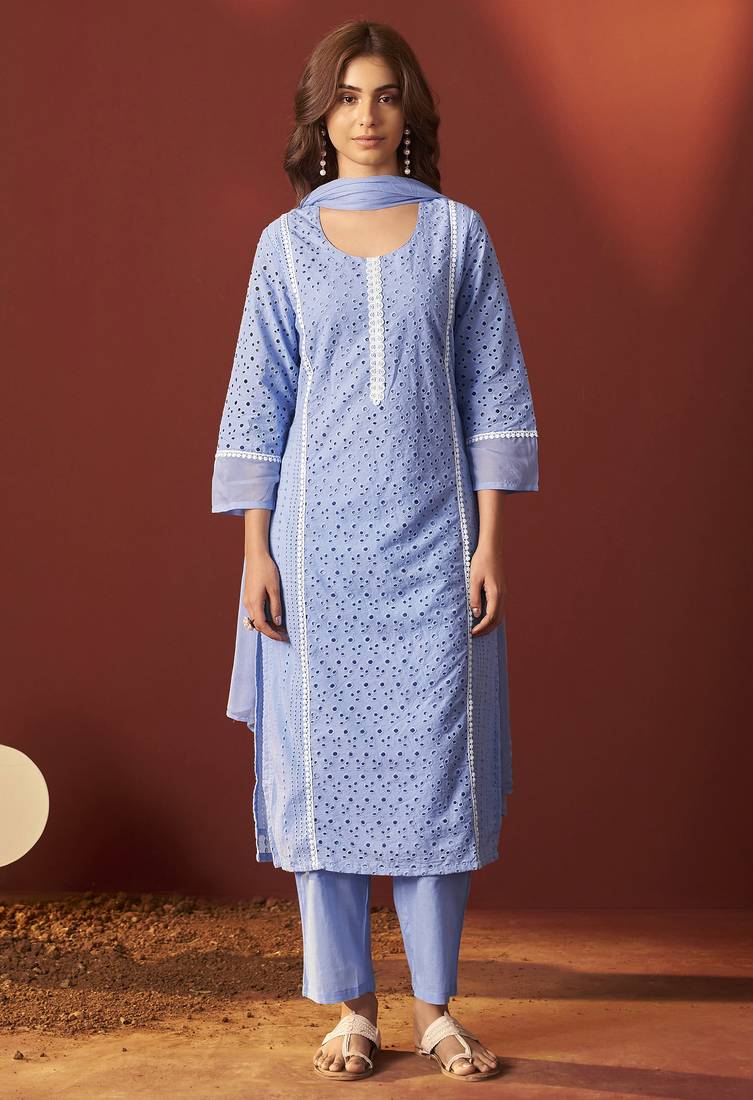 Sky blue pure cotton schiffly kurta set with dupatta for women