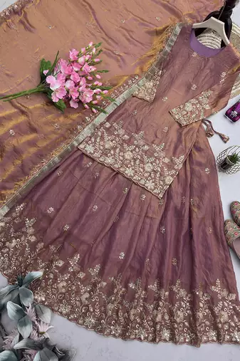 peach silk blend embroidered sequin kurta and skirt set
