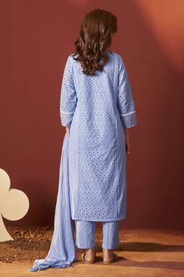 Sky blue pure cotton schiffly kurta set with dupatta for women 2