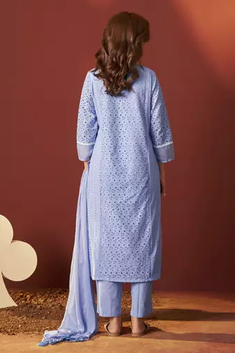Sky blue pure cotton schiffly kurta set with dupatta for women