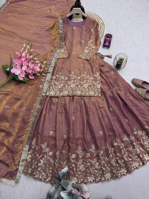 peach silk blend embroidered sequin kurta and skirt set 4