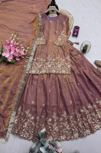 peach silk blend embroidered sequin kurta and skirt set