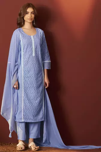 Sky blue pure cotton schiffly kurta set with dupatta for women