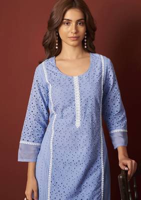 Sky blue pure cotton schiffly kurta set with dupatta for women 4