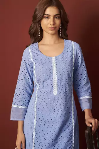 Sky blue pure cotton schiffly kurta set with dupatta for women