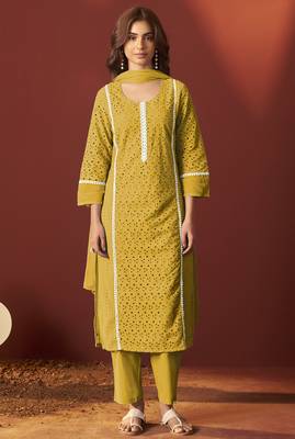 Mustard pure cotton schiffly kurta set with dupatta for women 1
