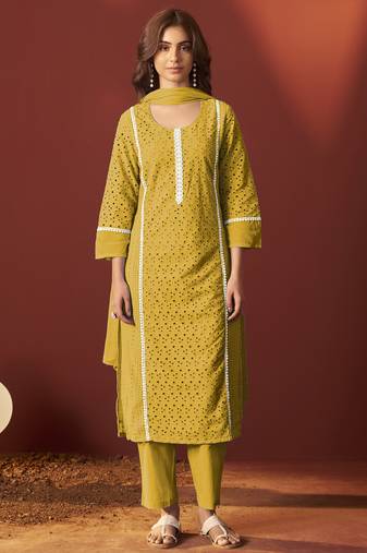Mustard pure cotton schiffly kurta set with dupatta for women