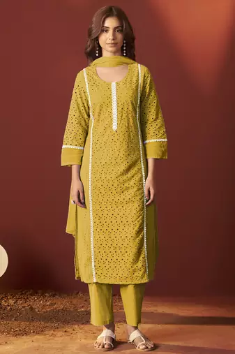Mustard pure cotton schiffly kurta set with dupatta for women