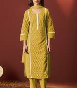 Mustard pure cotton schiffly kurta set with dupatta for women