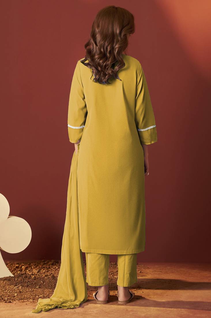 Mustard pure cotton schiffly kurta set with dupatta for women