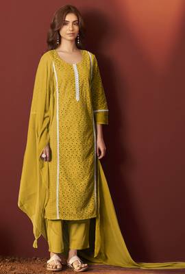 Mustard pure cotton schiffly kurta set with dupatta for women 3