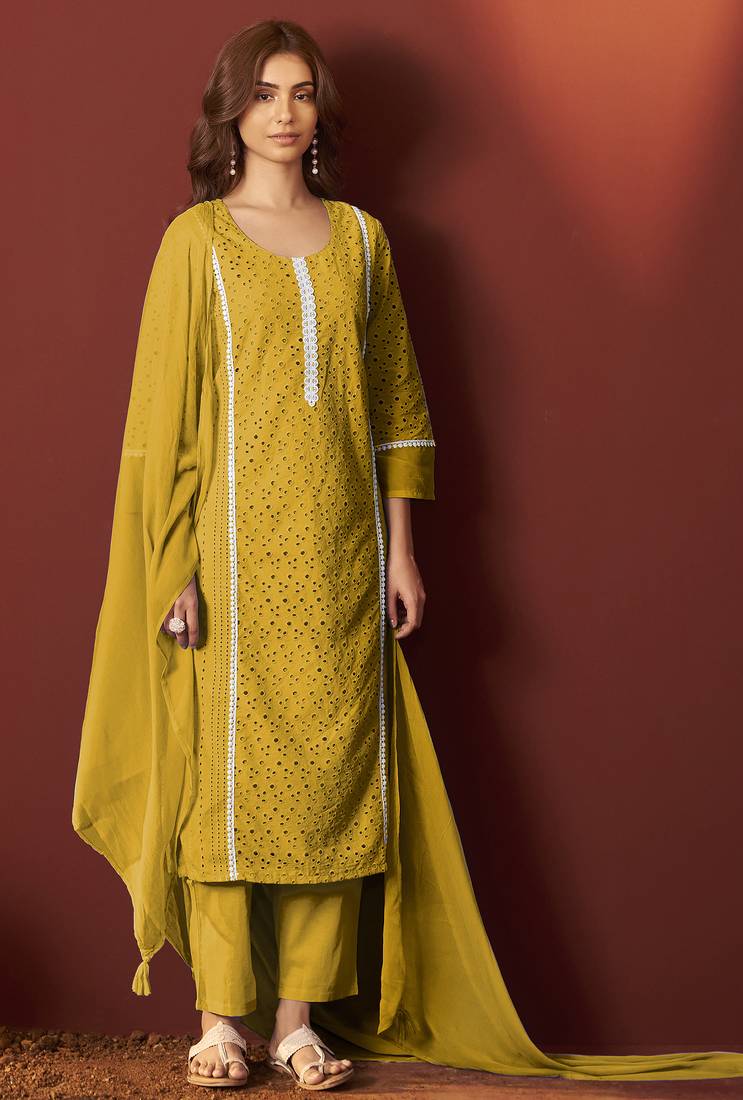 Mustard pure cotton schiffly kurta set with dupatta for women