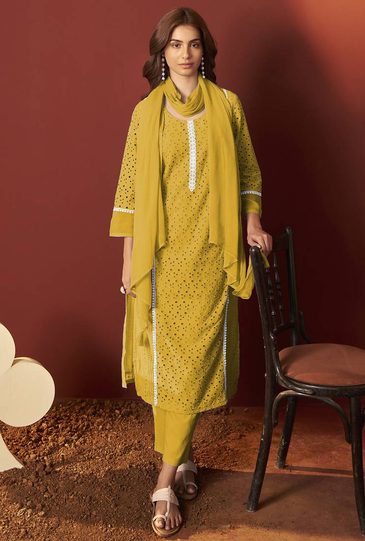 Mustard pure cotton schiffly kurta set with dupatta for women