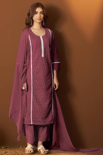 Maroon pure cotton schiffly kurta set with dupatta for women