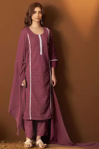 Maroon pure cotton schiffly kurta set with dupatta for women